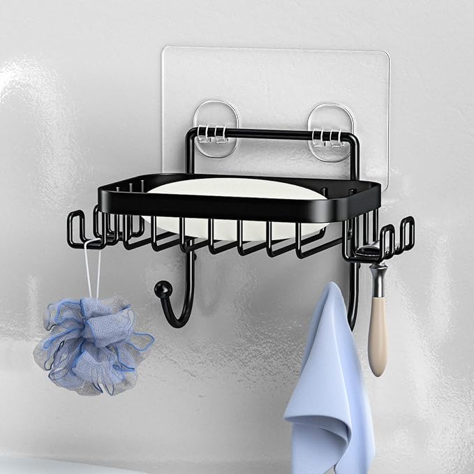 ODesign Bar Ssoap Holder for Shower Stainless Steel with 6 Hooks-Black | Loofah, sponge, and razor holder, adhesive wall-mounted, no drilling, removable for cleaning, for kitchens and bathrooms
