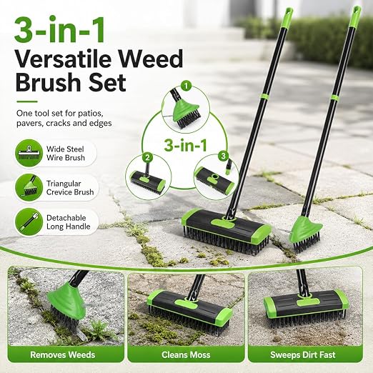 3-in-1 Versatile Weed Brush Combo Set, Long Handle Deck Scrubber (Green) | Metal Weeding Hook | Patio, Driveway & Concrete Crevice Cleaner | Removes Moss & Rust Stains | Outdoor Yard Tool