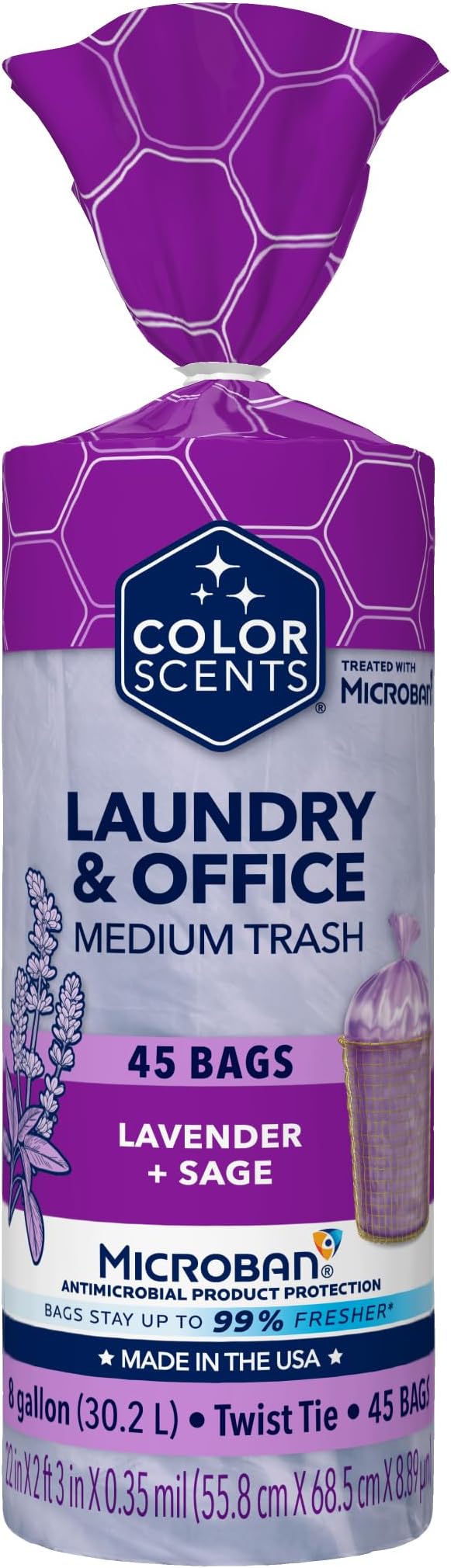 Color Scents 8 Gallon Trash Bags Twist Tie 45 Count Lavender + Sage