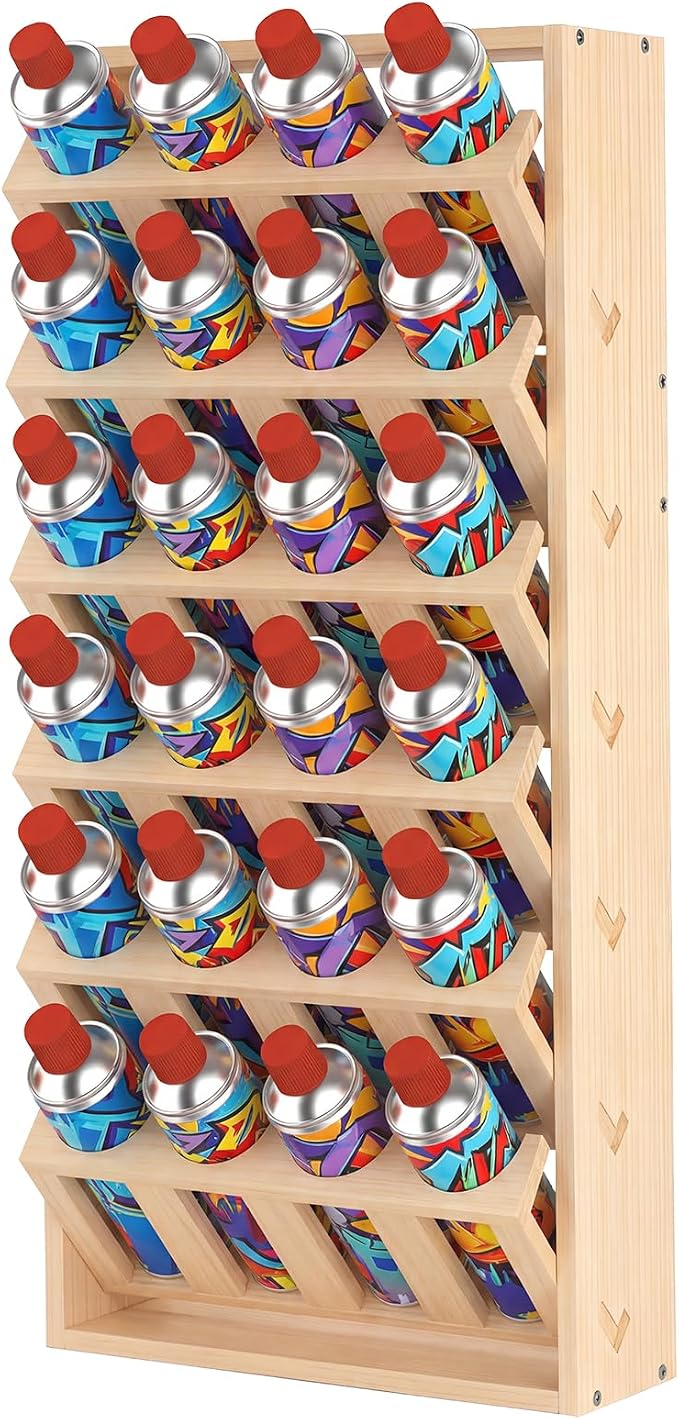 Sidasu Spray Can Holder, 6-Tier Wall Mount Spray Paint Storage Rack | 24-Can Capacity, Wooden, DIY Paintable, Paint Can Organizer for Garages and Workshops