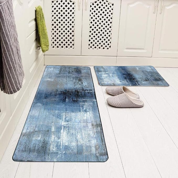 TOMWISH Kitchen Mats for Floor 2 Piece Set Blue Kitchen Runner Rug Non Skid | Cushioned Kitchen Floor Mat Vintage Office Farmhouse Runner Mat for Laundry 18"X48"+18"X30" Kitchen Decor and Accessories