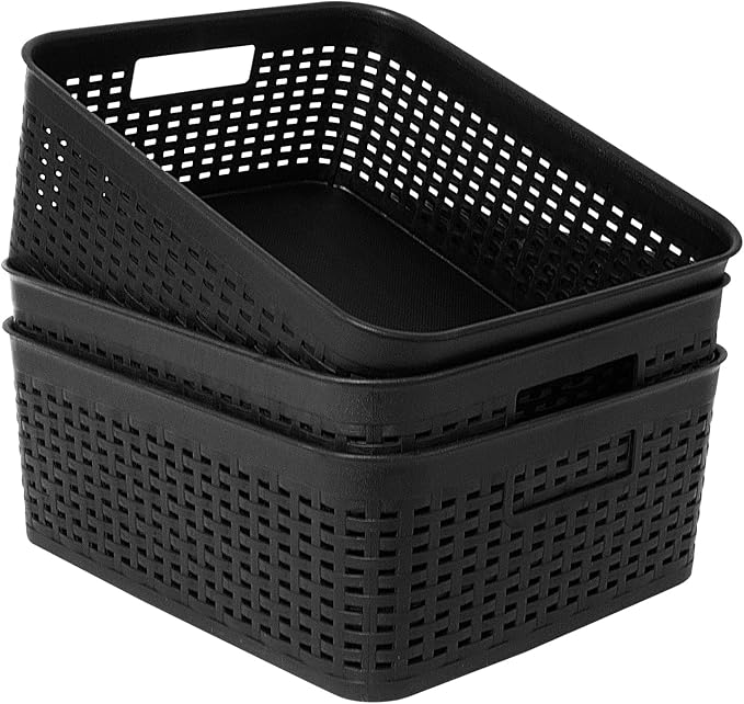 Soddeph Plastic Storage Baskets for Cabinets, Household Pantry Organization with Handle,Organizer Bins for Room,Bathrooms,Under-Sink,Kitchen (Black, M-3PACK)