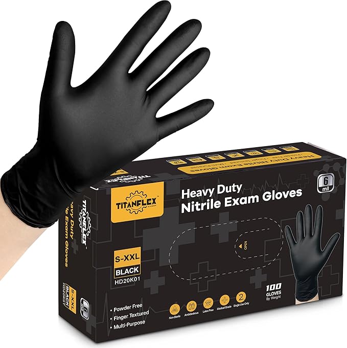 Disposable Nitrile Exam Gloves - 6-mil, Black, Heavy Duty, Latex Free, Food Safe for Cooking