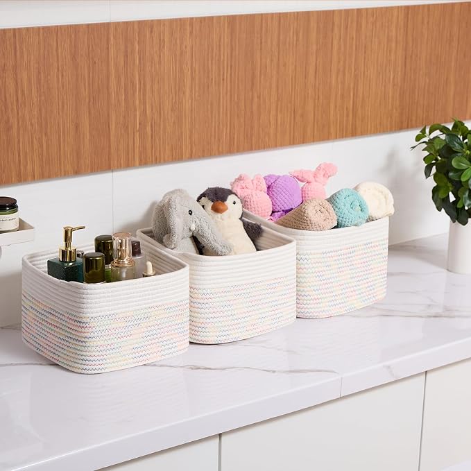 MiniArk Small Organizing Baskets for Cubes Shelf, 9.7x9.7x7.1 Inch Rope Woven Storage Bins for Nursery Shelves Storage, Cute Toy Basket, Square 3 Packs Off White Rainbow