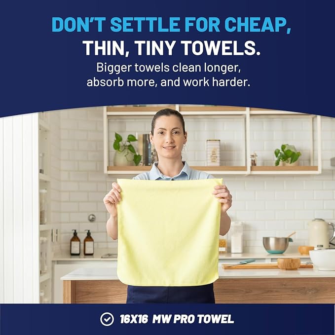 MW PRO Microfiber Cleaning Cloths Yellow (12 Pack, 12x12) - Commercial Janitorial Towels & Lint Free Rags - Heavy Duty for Auto Detailing, Glass Windows, Housekeeping & Screens - Washable 300+ Times
