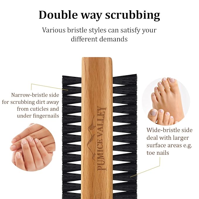 Wooden Cleaning Finger Nail Brush with Nylon Charcoal Bristles (Beechwood) | Double-Sided Fingernail Brush with Hanging Rope for Scrubbing Fingernails and Toes