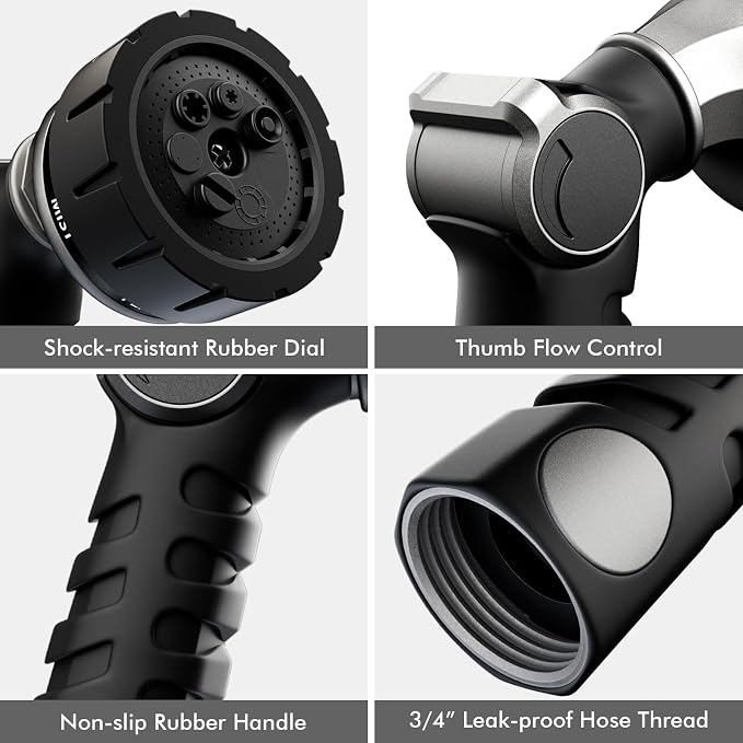 RESTMO Heavy Duty Hose Nozzle, Metal Garden Water Hose Sprayer | 7 Watering Patterns, Thumb Control, On Off Valve, Leak Proof Nozzle Sprayer for Watering Plants, Car & Pet Washing, Silver