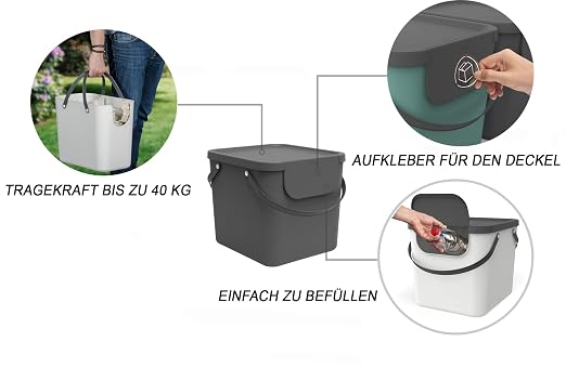 Rotho Albula Set of 3, Waste Separation System, 40 L for The Kitchen, Plastic (PP) BPA-Free, Anthracite/Blue/Cappuccino, 3 x 40 L (40.0 x 35.8 x 34.0 cm) | Rubbish Bin, Kitchen Waste Bin, Recycling Bin, Lid, Stackable, Long Handles, Easy Opening When S...