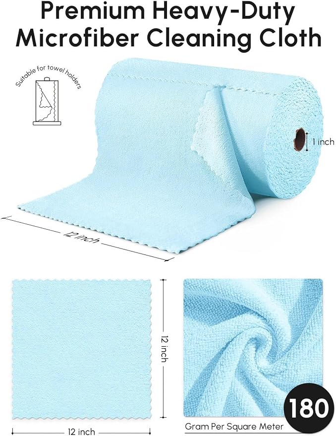 Microfiber Cleaning Cloths Roll 75 Pack 12x12 Inch Lint Free | Tear away design, lint free, washable, scratch free, ultra absorbent, for dish rags and household cleaning, blue color