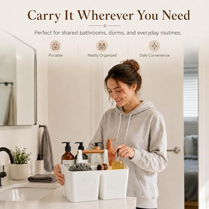 Haundry Plastic White Shower Caddy Basket with 3 Compartments, Portable Divided Bathroom Cleaning Caddy Organizer Storage Tote with Handle for Dorm, College, Room Essentials