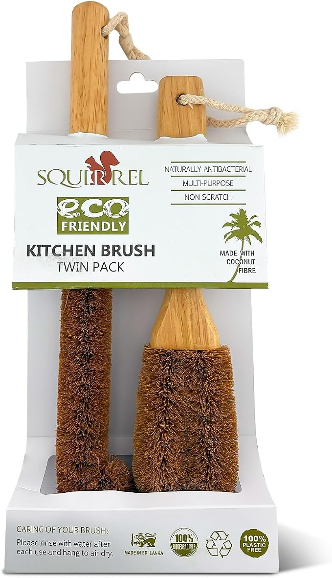 Eco-Friendly Kitchen Cleaning Brush (Twin Pack) - Wood Dish Brush with Coconut Fiber Bristles & Wooden Handle. Kitchen Brush for Bottles, Jars, Mugs, Glassware, and Cup Brush Cleaner