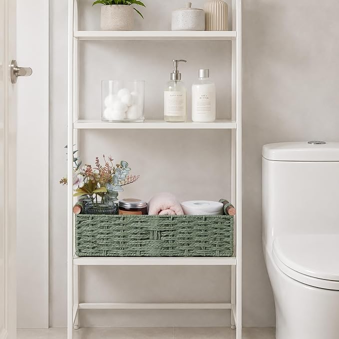 Round Paper Rope Storage Basket Wicker Baskets for Organizing with Handle Decorative Storage Bins for Countertop Toilet Paper Basket for Toilet Tank Top Small Baskets Set,Green | with Handle for Bedroom Home Decor and Shelves Apartment Countertop Use,G...