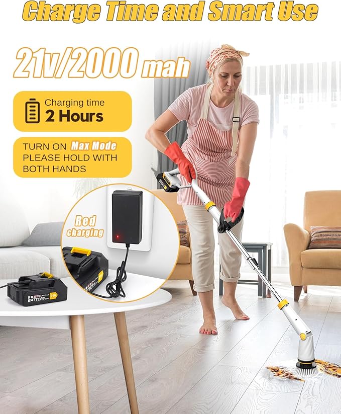 Qimedo Electric Spin Scrubber Q2, 4000mAh Battery, 1500RPM High Power | Floor Scrubber Machine with Long Handle, Cordless Cleaning Brush, 8 Brush Heads and Smart Display for Showers, Tubs and Tile
