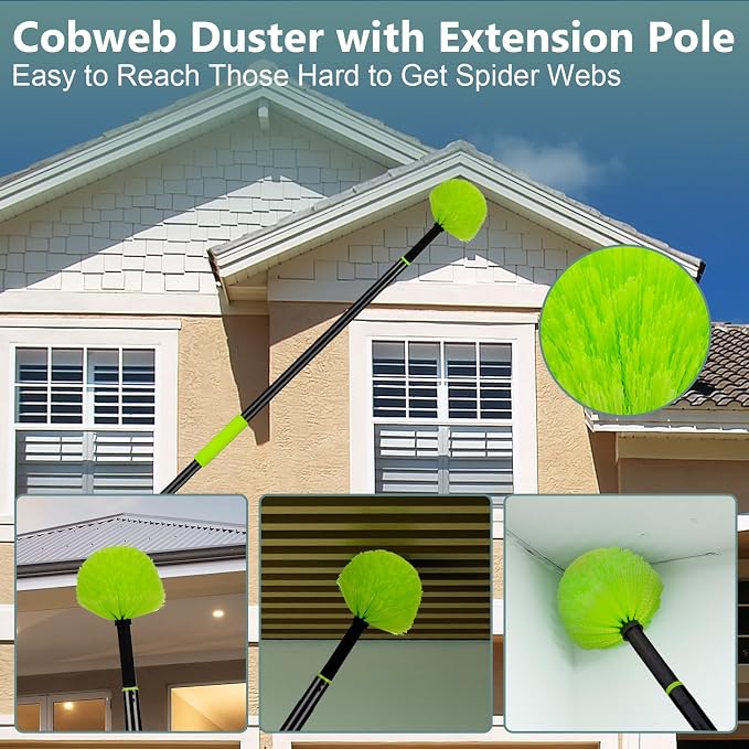 CALBEAU 8 Ft Microfiber Duster with Extension Pole (14 PCS) | 4 Heads for Fan Blade, High Window, Cobweb, Furniture; Safe high-reach cleaning, reaches 15 ft; Dusters for Cleaning
