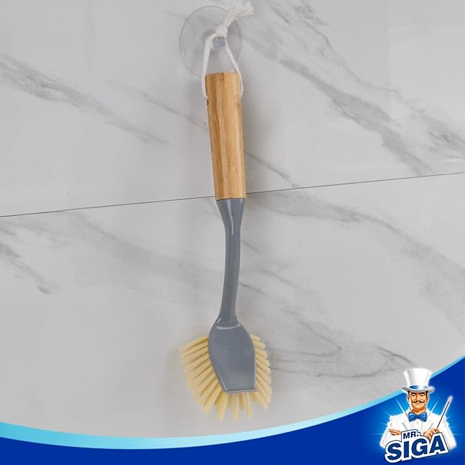 MR.SIGA Dish Brush with Bamboo Handle Built in Scraper, Pack of 2 | Scrub brush for dishes, pans, pots, kitchen sinks cleaning, dish scrubber with handle, safe for non stick cookware