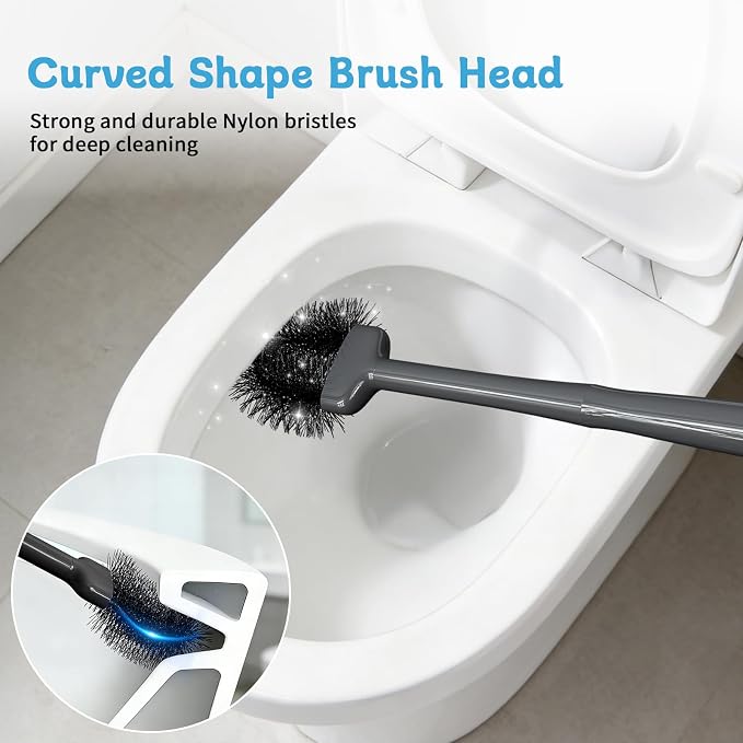 Toilet Brush and Plunger Set, Curved Head for Deep Cleaning, Grey | Brush and Plunger set, Curved Nylon Bristles for Deep Clean, Strong Suction Plunger, Ventilated Holder for Quickly Air Dry