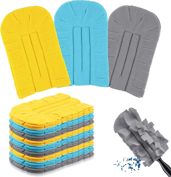 Zubebe 12 Pcs Reusable Duster Refills Fleece,Yellow,Grey, Turq | Soft Polyester Fiber Flat Duster Refill Multi Surface Washable Cleaning Pad Tools for Home, Blinds, Car, Pet, Furniture, Fans