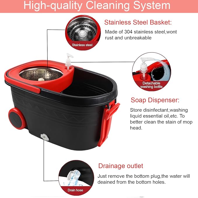 Spin Mop and Bucket with Wringer Set on Wheels,360° Spinning Mop Bucket System for Floor Cleaning, Mop and Bucket Set with 3 Microfiber Mop Replacement Heads and 61" Stainless Steel Adjustable Handle