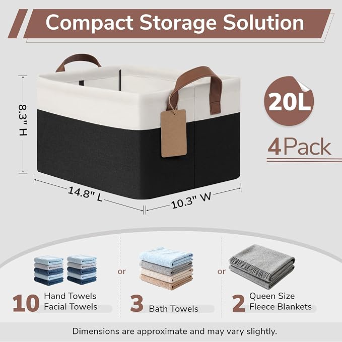 CHICVITA 4 Pack Fabric Storage Bins for Shelves, 20L Black & White | 14.8" × 10.3" × 8.3" Collapsible Storage Baskets for Towels, Clothes & Toys, Fits Closet & Shelf Organization, Metal Frame