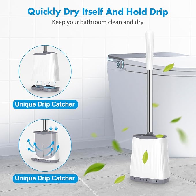 Silicone Toilet Brush and Holder, Flexible Bowl Brush Head with Ventilated Holder, Wall Mounted Compact Set for Bathroom Cleaning