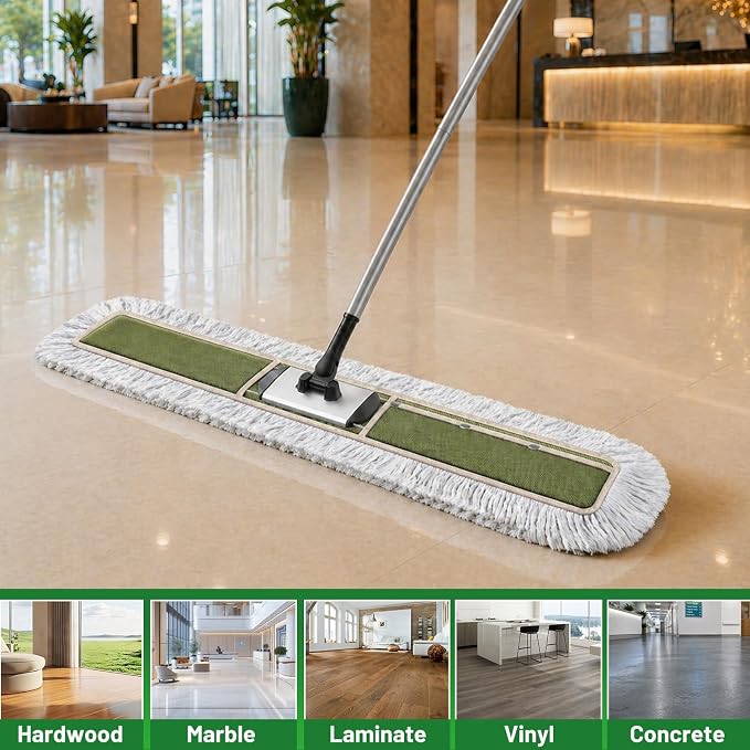 36" Commercial Dust Mop for Janitor: Dust Broom for Hardwood Floor Cleaning | 2 Large Heavy Duty Pads, Industrial-Grade Durability, 360° Swivel, Wet/Dry Use, for Gym, Warehouse, Garage, Shop, Concrete