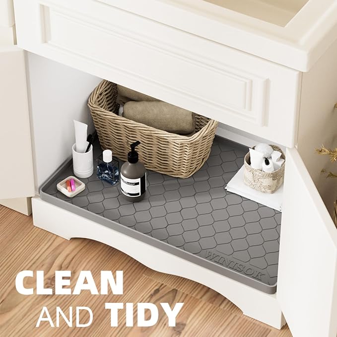 Winisok Waterproof Under Sink Mat 28" x 19", Silicone Mat, Beige | Raised Edge Traps Spills & Leaks, Shelf Liner, Cabinet Protector, for Kitchen, Bathroom, Boots, Pets, Home Essentials