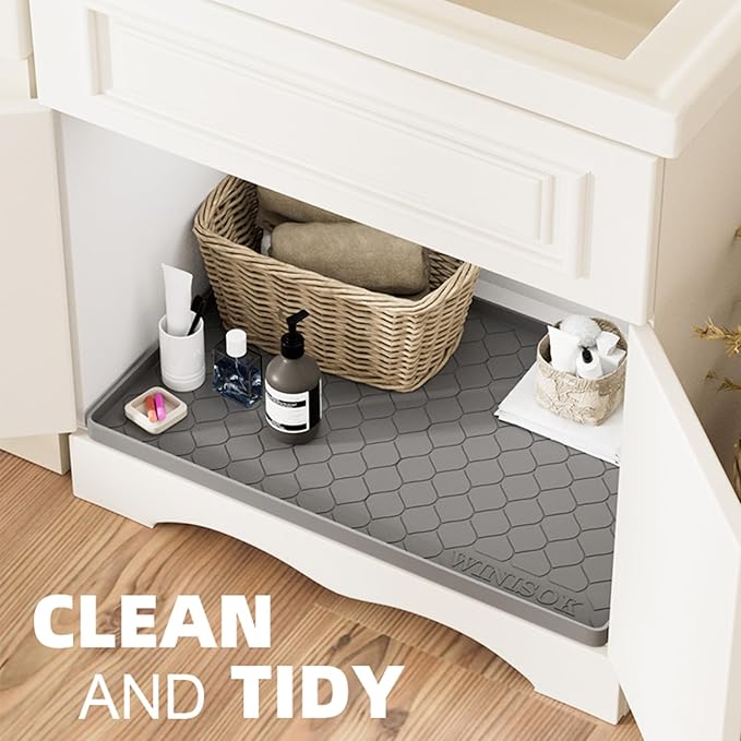 Winisok Waterproof Under Sink Mat 37" x 22", Silicone Mat, Beige | Raised Edge Traps Spills & Leaks, Shelf Liner, Cabinet Protector, for Kitchen, Bathroom, Boots, Pets, Home Essentials