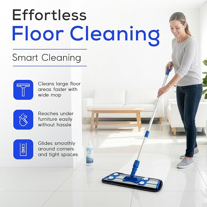Microfiber Flat Mop with 360° Rotation for Floor Cleaning – Adjustable Aluminum Handle (81–140 cm), Hook and Loop Head, Reusable Microfiber Pads, Lightweight for Hardwood, Tile & Laminate Floors