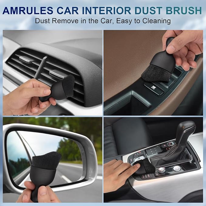 Amrules 2 Pcs Car Interior Detailing Brush Cleaning Tools, Black | Soft Bristles Gently Clean Dust & Dirt, Gentle on Surfaces, for Dash, Leather, Skylight & Vents, Lightweight, Easy to Use