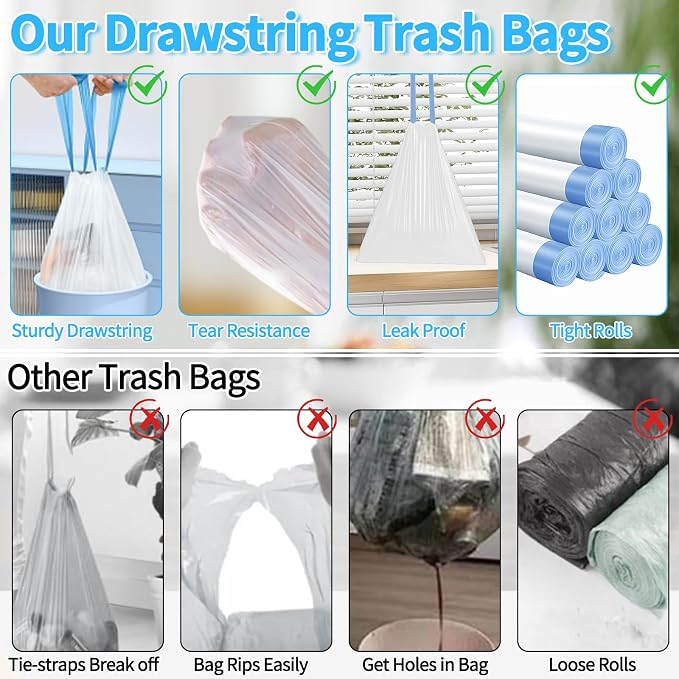 100 Count Small Drawstring Trash Bags for 4-Gallon (15 L) Trash Cans, Thick Pre-separated Garbage Bags, Mini Wastebasket can Liners for Bathroom Bedroom Office(White)