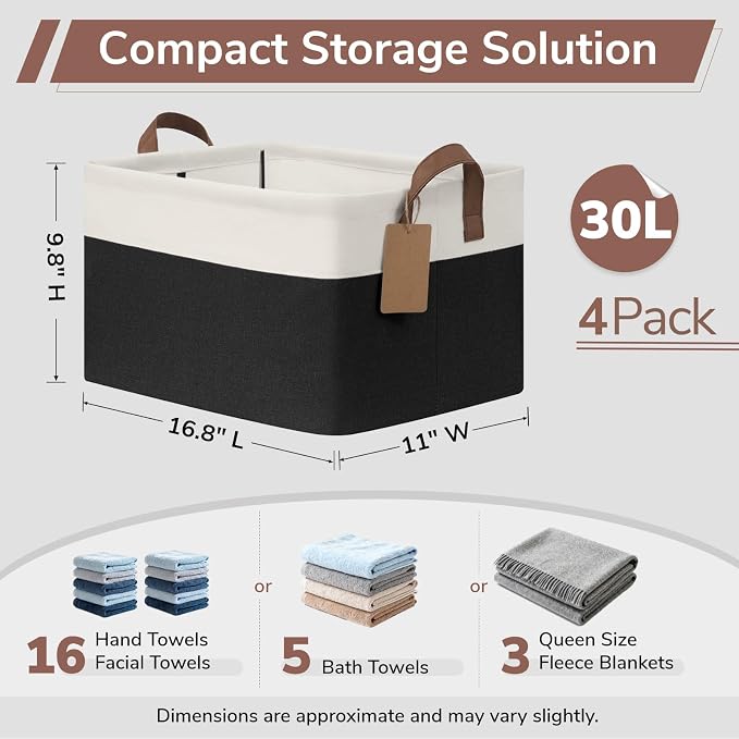 CHICVITA 4 Pack Large Fabric Storage Baskets for Shelves, 30L Black & White | 16.8" × 11" × 9.8" Closet Storage Bins for Toys, Blankets & Clothes, Fits Nursery & Bathroom Organization, Metal Frame