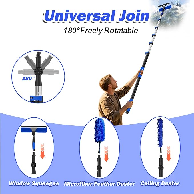 26FT Reach Duster Kits, Window Cleaning kit with 5-20FT Telescoping Extension Pole, Cobweb Duster, Washable Fan Duster for Ceiling, Window Squeegee for Glass and Microfiber Feather Duster