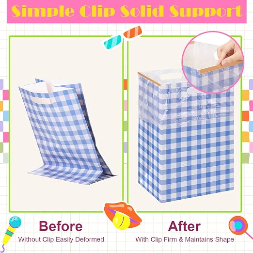 Hushee 4 Pcs 13 Gallon Blue Plaid Disposable Pop up Trash Cans for Parties | Cardboard Garbage Can with Handles, Trash Bags, Clip, Collapsible Trash Cans, Portable Gingham Trashs Bins for Event, Kitchen