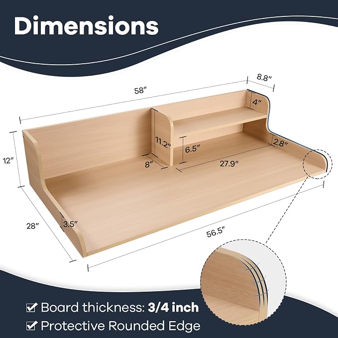 Washer Dryer Countertop 2 Tier 58 inches Wide, Laundry Shelf Topper with Edge, 58" W x 28" D x 12" H Laundry Space Organizer, Light Walnut