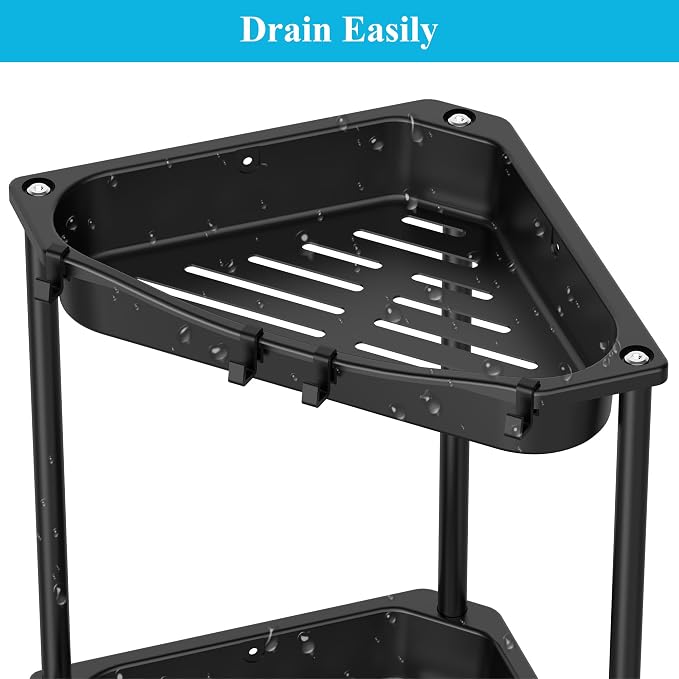 HuggieGems Metal Floor Standing Corner Shower Caddy, Jet Black, 4 Tier | Adhesive Bathroom Organizer Shelves, Free Standing Shower Rack with Hooks, Hold Large Shampoo Bottles