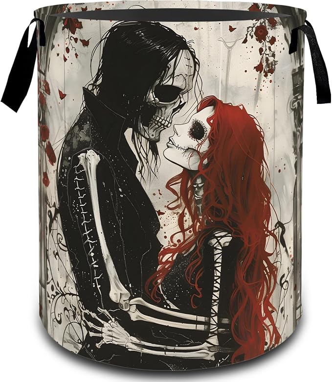Gothic Skeleton Lovers Rose Laundry Basket, Dirty Collapsible Clothes Toy Organizer Hamper for Kids Adults, Oxford Cloth Waterproof Storage Bin for Bathroom Halloween Decor Gifts, 19.7"X15.7"