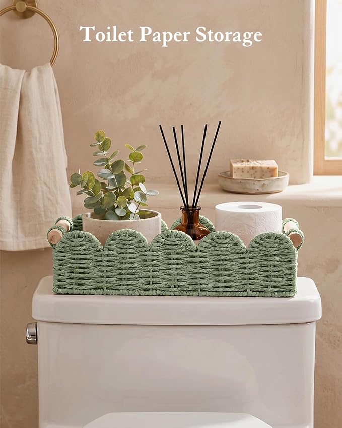 Toilet Paper Storage Basket for Toilet Tank, Bathroom Organizer | Scalloped Decorative Basket for Bathroom Home Decor, Woven Basket for Shelves, Living Room, Countertop, Paper Rope, Green