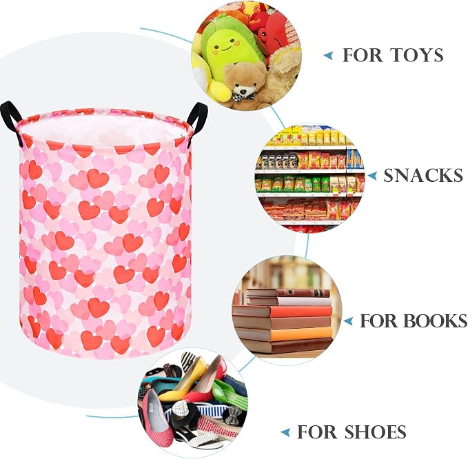 Round Valentine's Heart Pattern Laundry Hamper Clothes Storage Basket Fabric Storage Hamper Organization Storage Bin, Nursery Box,Gift Basket with Handles