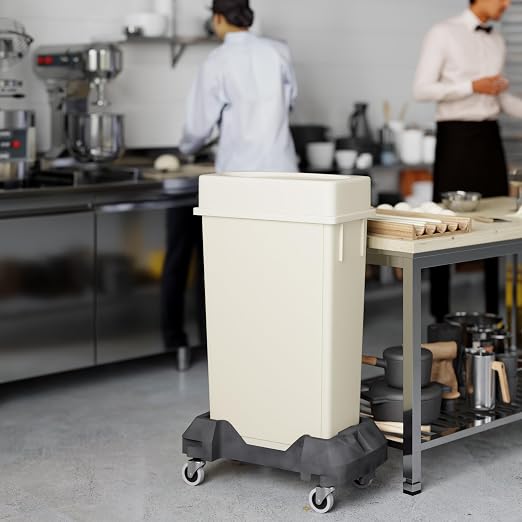 23 Gallon Beige Rectangular Slim Trash Can with Drop Shot Lid and Dolly | Great for Home, Commercial, or Restaurant Use.