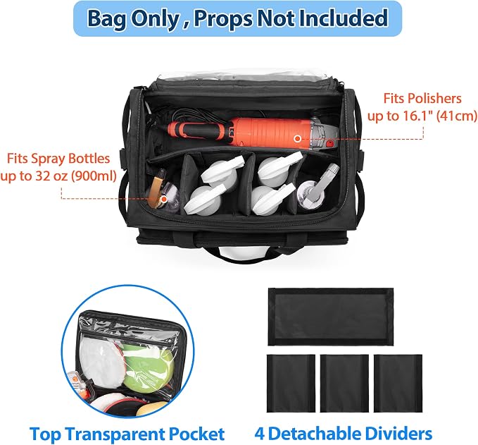 samdew Large Detailing Bag for Auto Detailing Supplies Storage, Bag Only | Cleaning Caddy for Car Care & Vehicle Wash Tools, for Detailing Bottles, Towel, Buffer & More, for on Road Trip or Car Show