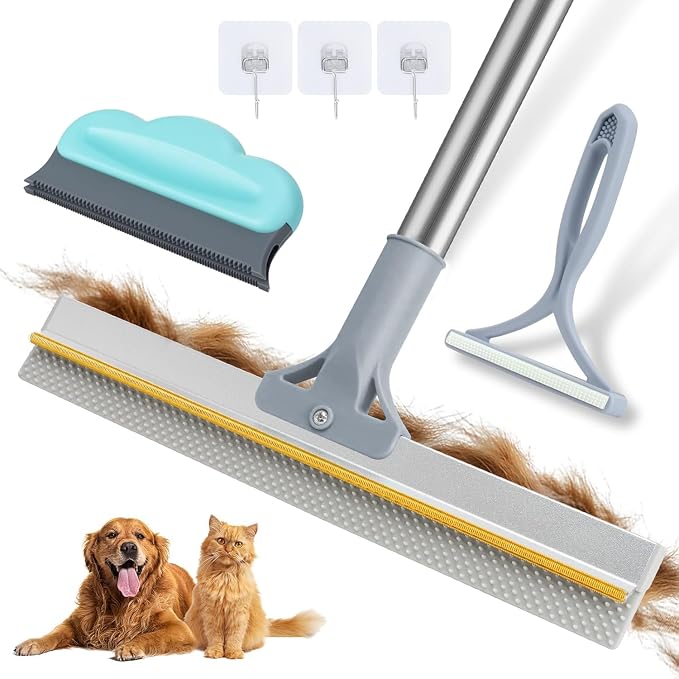 Carpet Rake for Pet Hair Removal Tool, Reusable Pet Hair Remover Broom | Dog&Cat Hair Remover Scraper Rake with 54” Adjustable Long Handle, 3 Pcs Carpet Brush Rake for Rugs, Mats, Couch, Furniture
