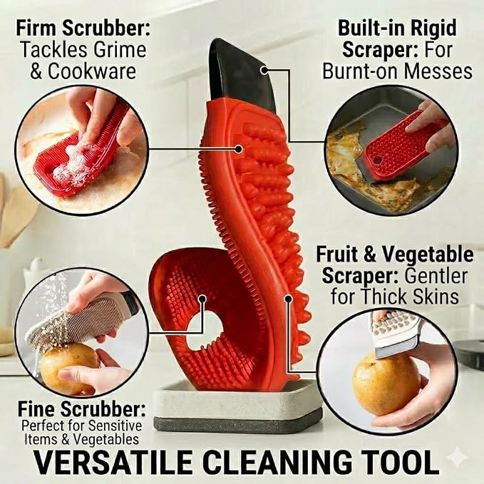 3-in-1 Silicone Dish Sponge - BPA-Free Food-Grade Cleaning Brush with Dual-Sided Scrubber & Scraper, Hanging Hole Fast-Dry Reusable for Dishes/Fruits/Vegetables (Red 1PCS) | silicone dish scrubber and vegetable&fruit brush with built-in scraper. Food-g...