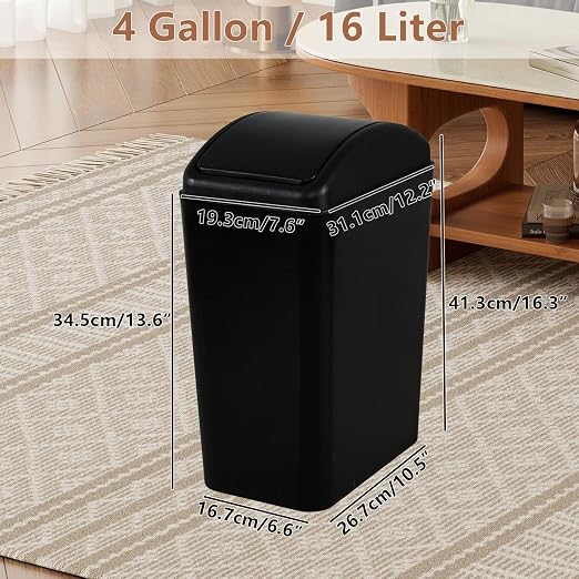 4 Gallon/16L Plastic Swing Lid Garbage Bin, Black Slim Trash Can | Swing Top, For Home Office Dorm