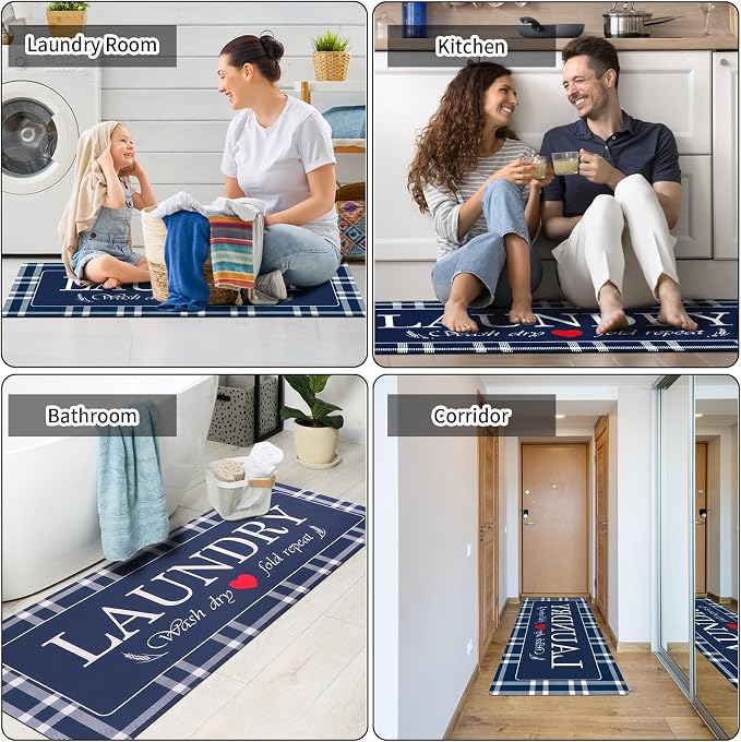 XLHOMO Laundry Room Rugs and Mats, 17"x47" Buffalo Plaid Navy Blue Laundry Room Rug Washable Non Slip, Farmhouse Laundry Mats for Floor, Mudroom, Kitchen, Washroom, Bathroom, Entryway Carpet Decor