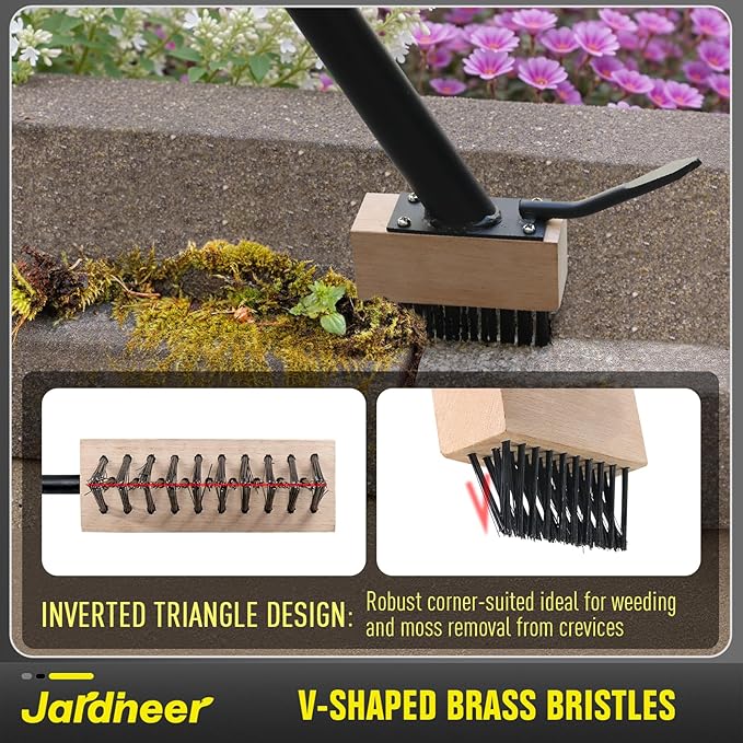 Weed Moss Remover Brush with 59'' Carbon Steel Long Handle, Heavy Duty Moss Removal Tool with Scraper, Metal Brush Weeder Tool for Driveway, Patio, Sidewalk, Paver