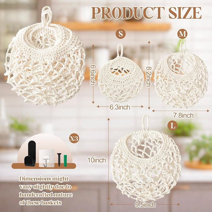 3 Hanging Baskets,White,Crochet,Cotton Rope | Wicker Wall Baskets with Hooks for Fruit Vegetable Onion Storage, Teardrop Organizer for Kitchen, Boho Farmhouse Decor