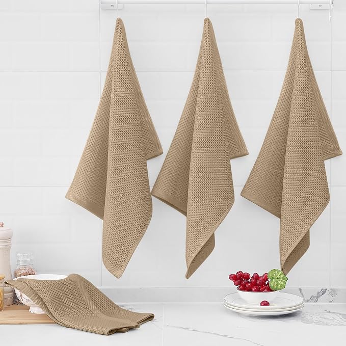 Homaxy 100% Cotton Oversized Waffle Weave Kitchen Towels 4-Pack, Tan | 20 x 28 Inches, Ultra Soft Absorbent Dish Towels, Quick Drying Large Cleaning Towels