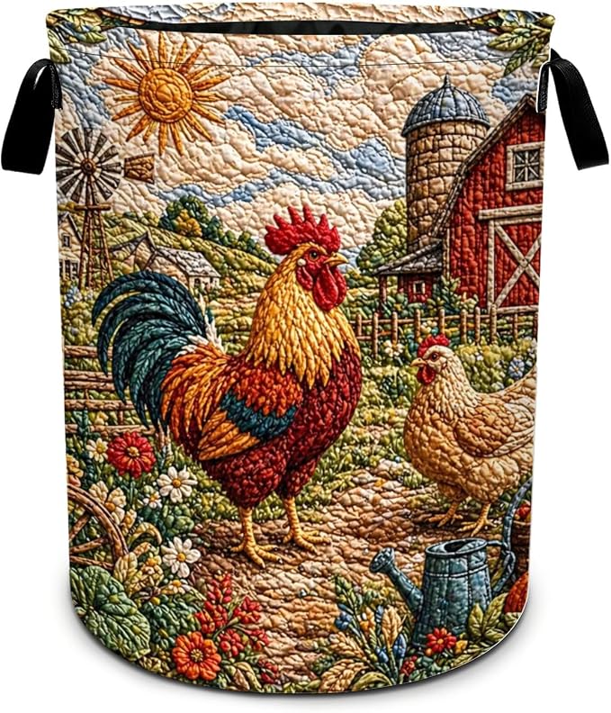 Rooster Print Laundry Basket Foldable Oxford Laundry Hamper With Handle For Room Bathroom Bedroom