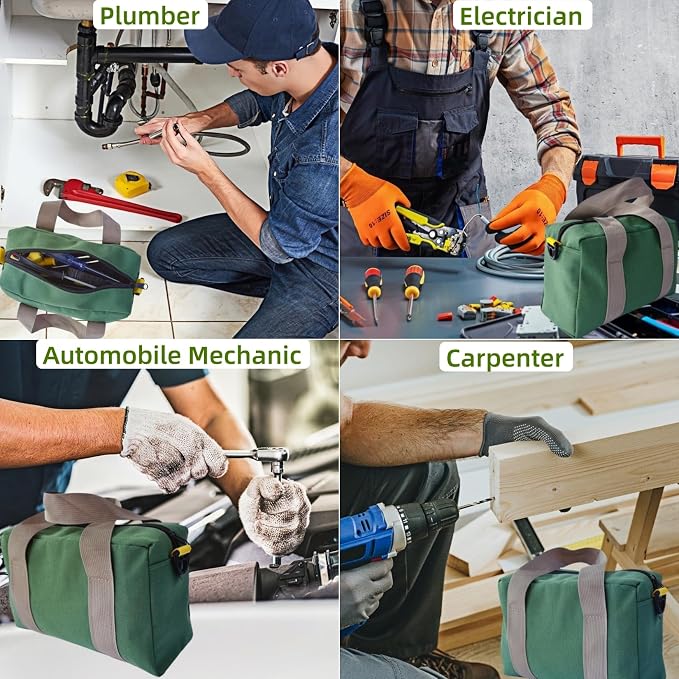 12 Inch Canvas Tool Bag, Small Tool Bag for Men, Large Capacity Wide Mouth Tool Organizer Tote Bag for Storage Hand Tools Wrenches (Green, 12 Inch)
