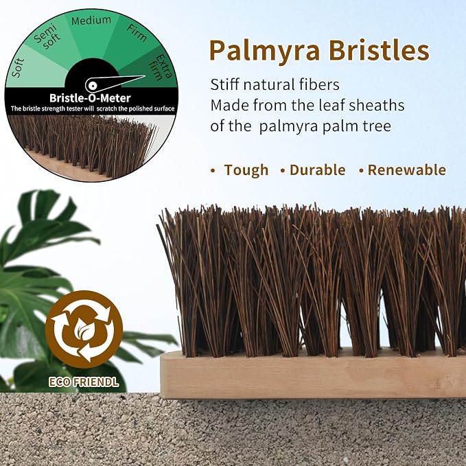 Heavy Duty Deck Brush with Long Handle, 54" Adjustable Stainless Steel Handle, Stiff Natural Palmyra Bristles, Outdoor Scrub Brush for Concrete Patio Garage Tile Floor Sidewalk Cleaning